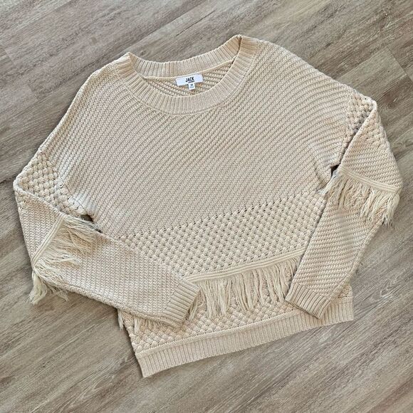 Jack by BB Dakota Mix it Up Beige Fringe Knit Sweater Size Medium - Picture 3 of 8